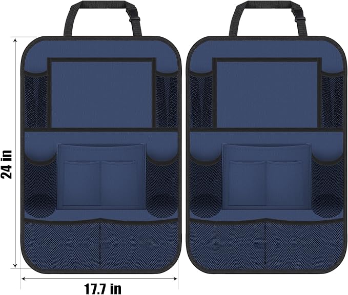 ULEEKA Car Backseat Organizer with 11" Table Holder, 10 Storage Pockets Seat Back Protectors Kick Mats for Kids Toddlers, Travel Accessories, 2 Pack, Blue