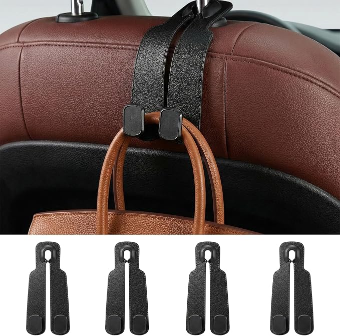 Car Headrest Hooks-4 Pack Heavy Duty Seat Hooks for Car Organizing, Universal Hanging Hooks for Purses Handbags Grocery Bags Coats, No-Slip Durable Car Accessories