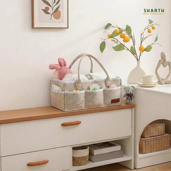 Sharth Baby Diaper Caddy Organizer with Upgraded Stitched Edges – Foldable Felt Nursery Organizer with Handle, Removable Dividers & 8 Outer Pockets, Portable Baby Shower Registry Gift (Beige)