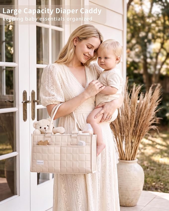 Baby Diaper Caddy Organizer, Portable Nursery Storage Basket with Handle for Newborn Boy or Girl, Gift for Baby Shower Essentials, Registry Must Have Bag, Caddie Car Organizer, Beige