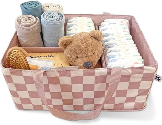 Tiny Twinkle Diaper Caddy Organizer | Foldable Baby Storage Basket with Removable Divider | Waterproof & Mess-Proof Fabric, Portable Nursery Organizer for Newborn Essentials (Beige Checkers)