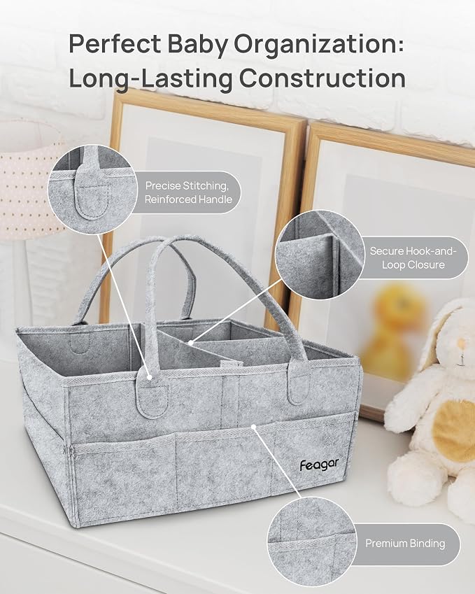 Feagar Baby Diaper Caddy Organizer with Handle, 15 Inch Large 2 Pack Set with 8 Pockets & 2 Dividers, Portable Nursery Storage Basket & Car Organizer for Changing Table, Travel (Grey)
