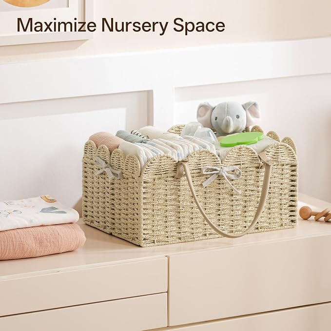 Angelhood Scalloped Paper Rope Diaper Caddy, Woven Floral Baby Diaper Organizer with Dividers for Changing Table, Nursery & Car Portable Baby Gift Basket