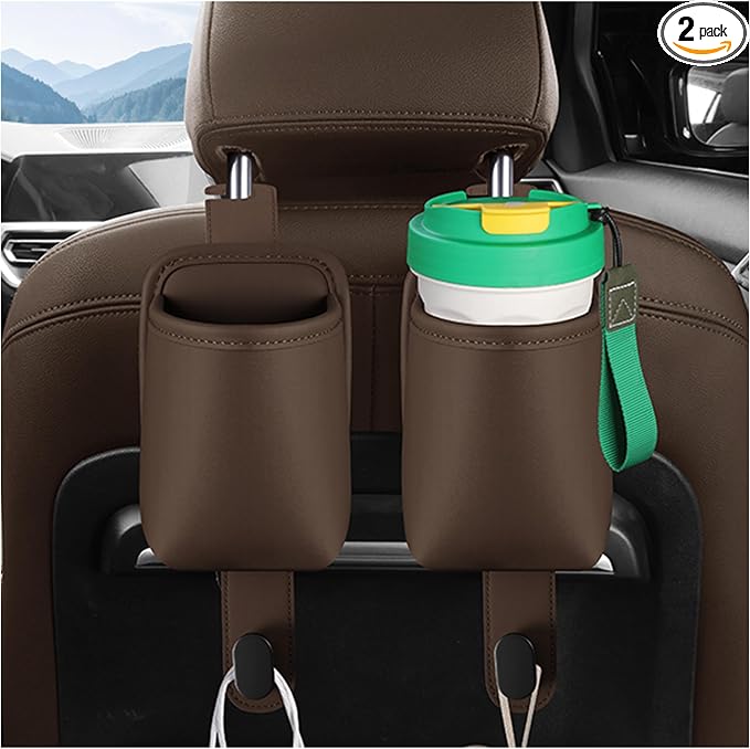 2-Pack Car Seat Back Cup Holder Organizer, Brown | Faux Leather, With Hooks, Universal Backseat Storage, For Drinks, Bottles & Travel Accessories