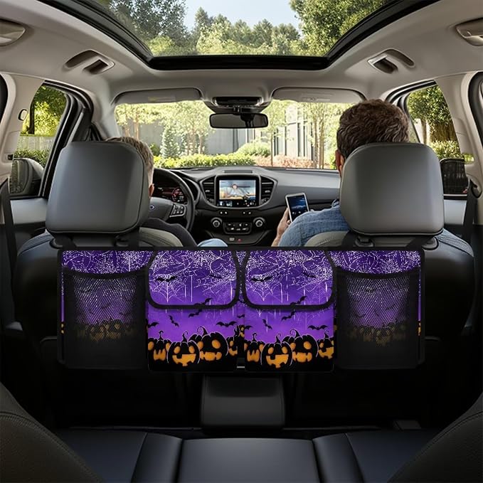Hanging Organizer for Car Trunk Halloween Prints Collapsible Auto Back Seat Storage Bag with 2 Pockets 2 Mesh Pouches Detachable Automotive Interior Accessories