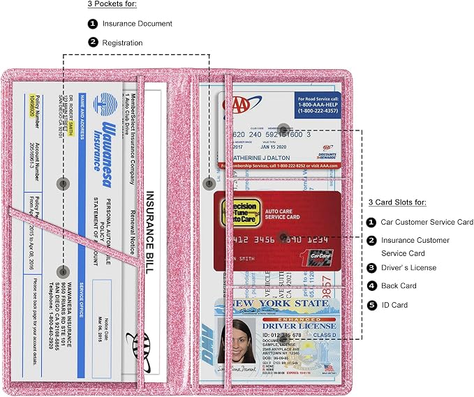 TOURSUIT Car Registration and Insurance Card Holder, Vehicle License Document Glove Box Compartment Organizer, Interior Car Accessories for Women Men (Glitter Pink)