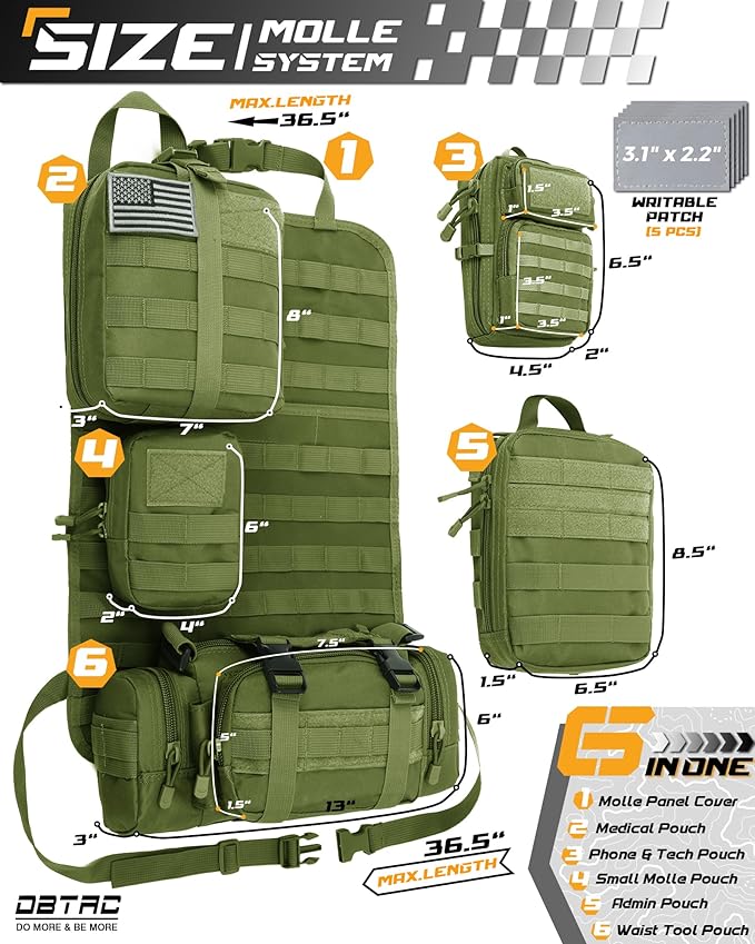 DBTAC Tactical Molle Car Seat Organizer | Vehicle Back Panel with 5X Detachable Pouches, US Flag & Writable Reflective Patch for Cars, Trucks, SUVs, Sedans