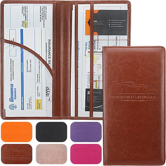 LumiMokki Premium Car Registration & Insurance Card Holder with Magnetic Shut, Vehicle Glove Box Car Organizer - For Documents, Cards, License (Brown)
