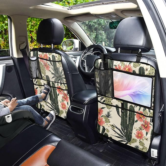 Retro Cactus Polynesia Flower 2 Pack Backseat Car Organizer with Storage Pockets Seat Back Organizers for Kids Kick Mats Backseat Protector Automotive
