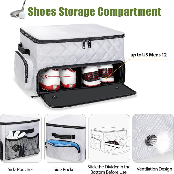 PGmoon 2 Layer Golf Trunk Organizer, Golf Car Storage Organizer with Individual Ventilated Compartment for 2 Pairs Shoes, Golf Car Locker for Balls, Clothes, Tees, Gloves, Accessories (White)