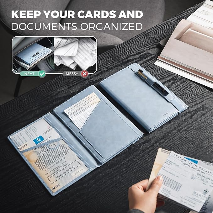 VULKIT Car Registration and Insurance Card Holder Vehicle Glove Box Organizer Leather Tri-fold Design for Car Keys, ID Holder, Essential Documents Blue