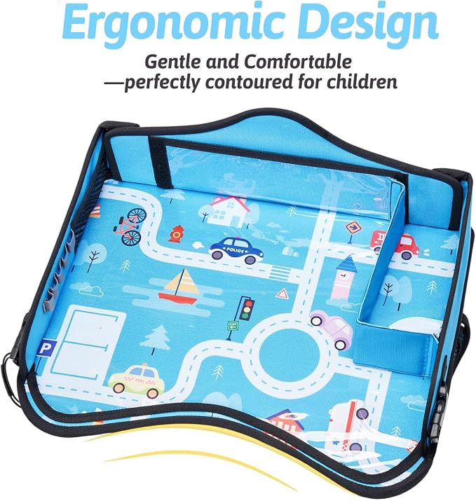 Kids Travel Tray for Car, Boy's Safety Seat Table, Carseat Lap Desk | Weight-Relief Strap, Non-Skid Silicone Base, Waterproof Dining/Craft Mat