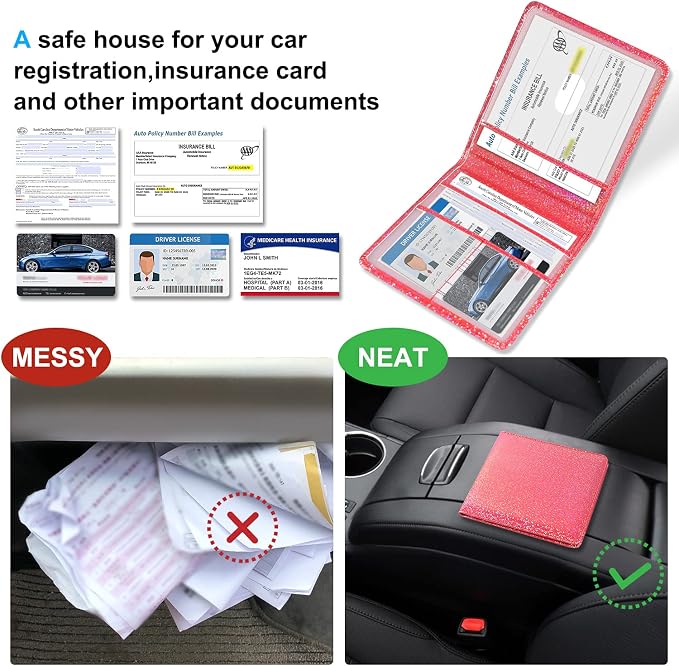 DMLuna Car Registration and Insurance Holder, Folio Leather Vehicle Card Document Glove Box Organizer, Auto Truck Compartment Accessories for Essential Information, Driver License Cards, Red Glitter