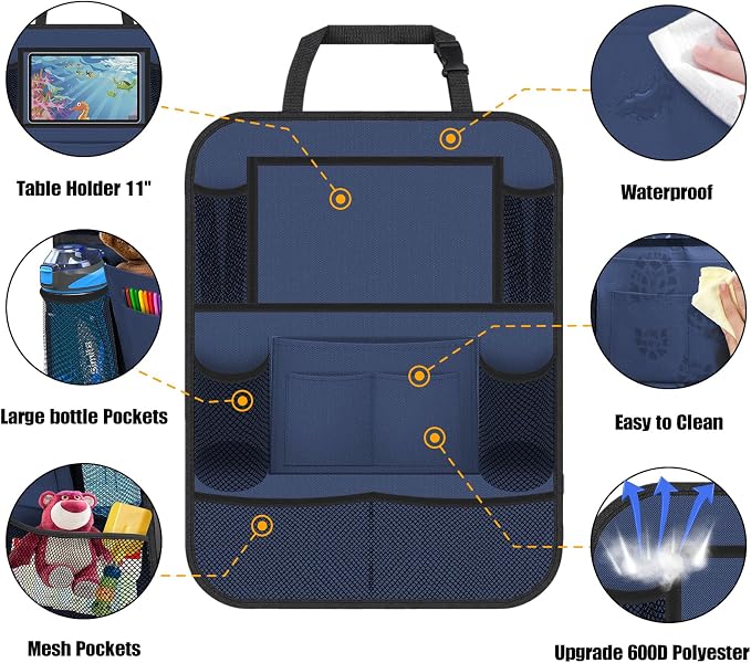 ULEEKA Car Backseat Organizer with 11" Table Holder, 10 Storage Pockets Seat Back Protectors Kick Mats for Kids Toddlers, Travel Accessories, 2 Pack, Blue