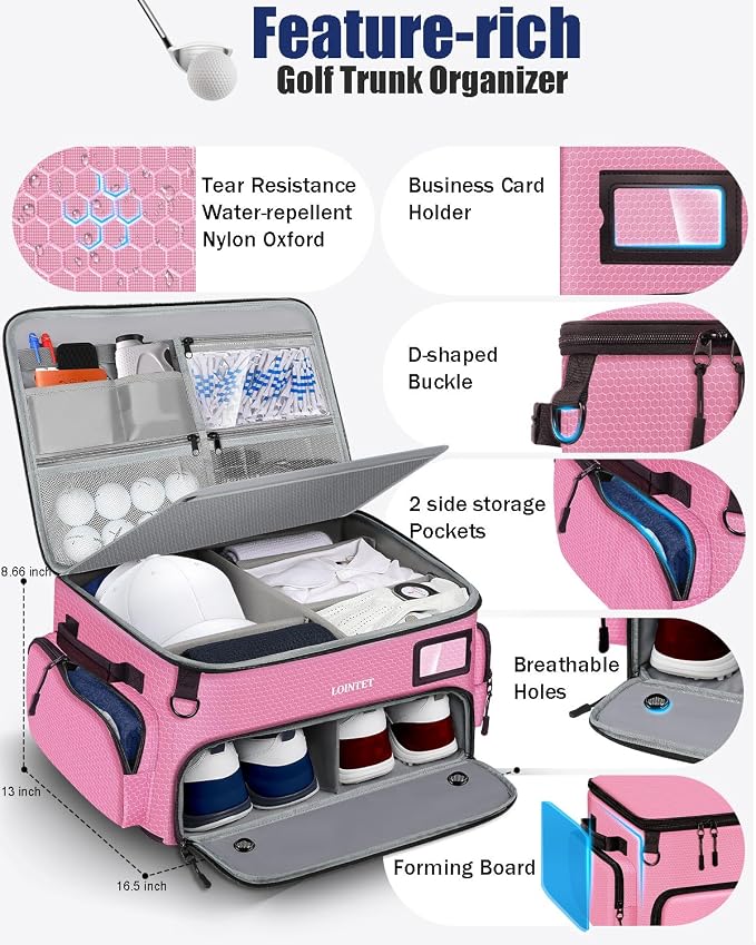 LOINTET Golf Trunk Organizer, Waterproof Car Golf Locker with Separate Ventilated Compartment for 2 Pair Shoes, Golf Storage for Balls, Tees, Cap, Clothes, Gloves, Accessories, Gifts for Men, Women