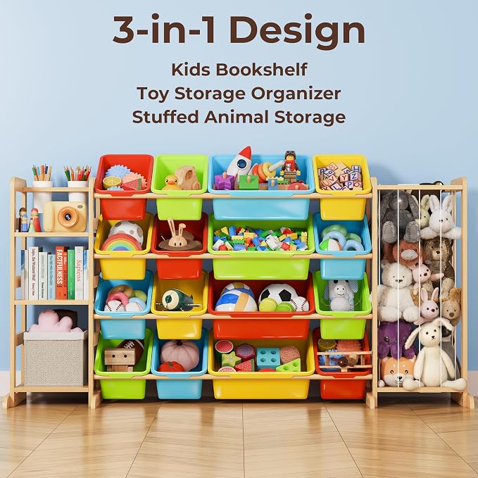Toy Storage Organizer with Bookshelf and Stuffed Animal Storage - Playroom Organization with Shelves and 12 Bins - Living Room Box for Lego - Nursery Bedroom Decor Essential