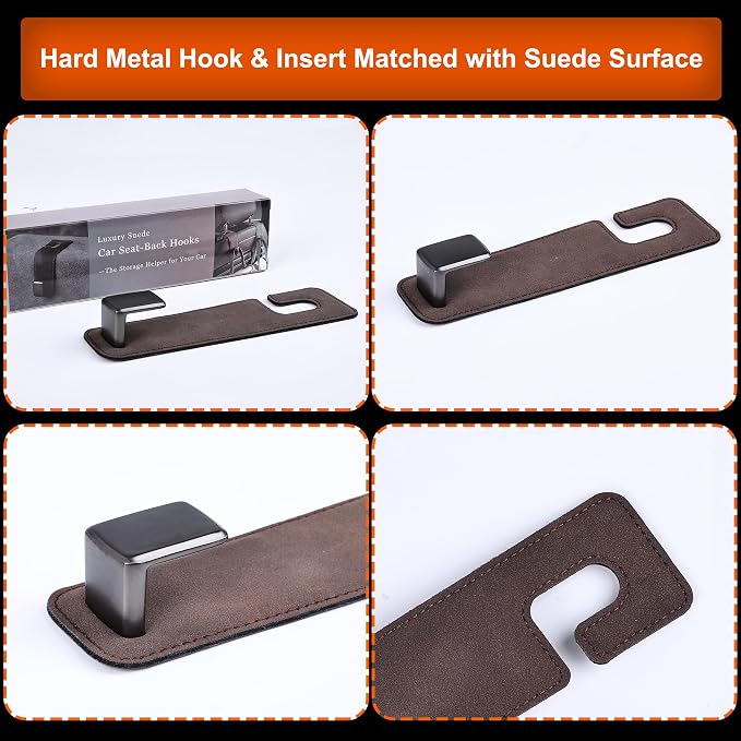 Car Seat Back Hook Metal with Suede Universal Vehicle Headrest Hangers Interior Storage Organizer for Purse Handbag Coat Grocery Bags 2 Pack Coffee