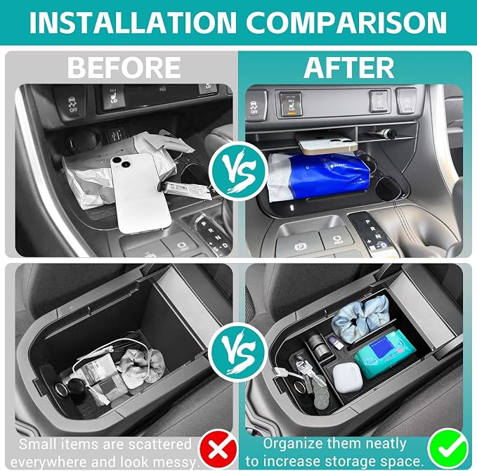 2PCS Center Console Organizer Tray Compatible with 2019-2025 Toyota RAV4 & Prime Accessories, ABS Material Insert Gear Shift Divider Slot & Armrest Storage Box for RAV-4 Interior Accessories