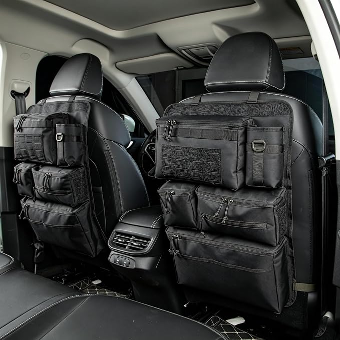 6 Pack Tactical Molle Car Seat Back Organizer - Tactical Vehicle Panel Organizer with 5 Detachable Molle Pouch,US Flag Patch and Keychain,Great Trunk Accessories for Man