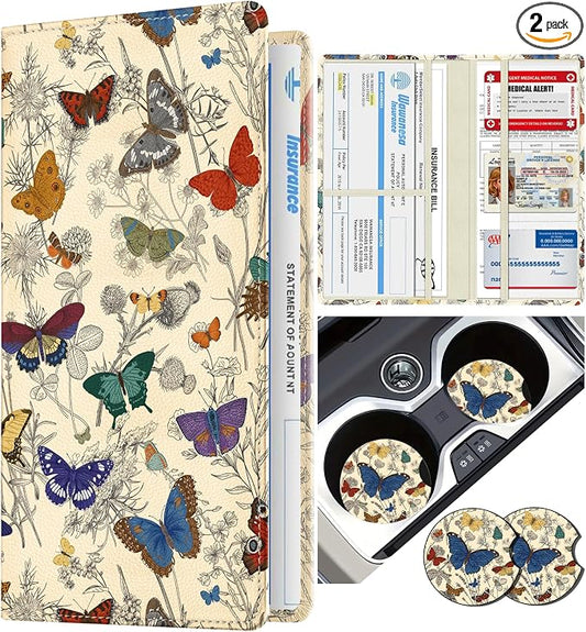 Slohif Car Registration and Insurance Card Holder - Butterflies Vehicle Glove Box Organizer Women with Magnetic Shut Leather Automobile License Holders Coasters Auto Accessories Case for Document