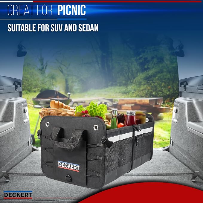 Deckert 61L Car SUV Trunk Organizer, 600D Oxford Polyester, Collapsible, Multi compartments, Securing straps, Suitable for any car type, Black with Reflective Stripes