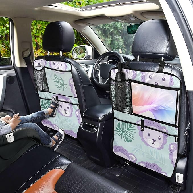 Cute Green Lion and Palm Leaves 2 Pack Backseat Car Organizer with Storage Pockets Seat Back Organizers for Kids Kick Mats Backseat Protector Automotive