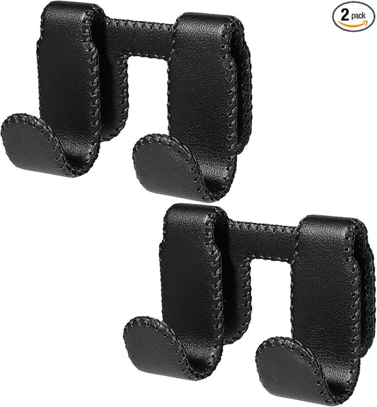 Car Seat Hooks for Tesla Model Y(Juniper) Model 3(Highland), Leather-Wrapped with Stainless Steel Core & Handmade Stitching, Purse Hanger Bag Holder, Automotive Seat Back Organizers (Black-2 Pack)