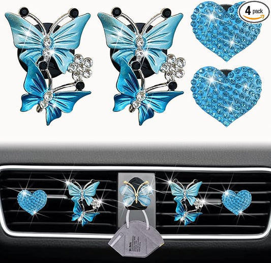 Blue Heart & Butterfly Air Vent Clips, 4 Pcs Bling Heart Air Fresheners Vents Clips Car Diffuser Diamond Interior Decor Charm Cute Accessories + Cute Mask Hook