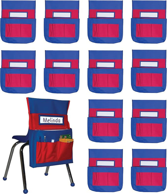 Carson Dellosa 12-Piece Chairback Buddy Pocket Chart Chair Set, 15" W x 19" H Desk Buddy Pocket Organizer With Name Tag, Back of Chair Organizer for Classroom Supplies, Chair Pockets for Classroom