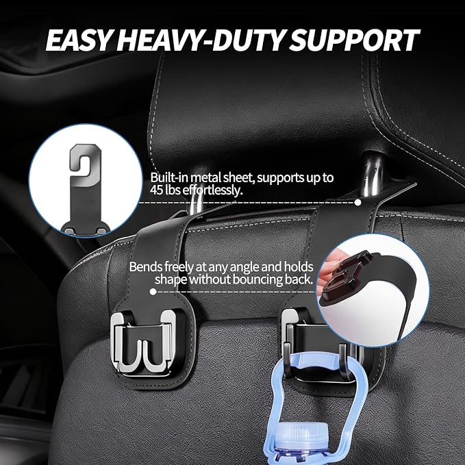 2 Packs Headrest Hooks for Car, Hidden Twinhook Leather & Metal Car Purse Holders, Universal for BMW X5 X3 X1 X7 Accessories, Seat Back Storage Organizer Hanger for Purse Bag Phones(Black)