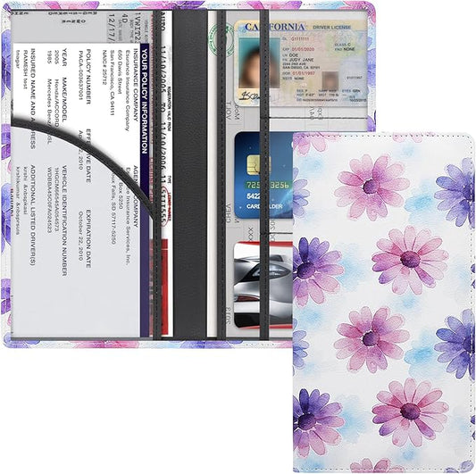 LumiMokki Premium Car Registration & Insurance Card Holder with Magnetic Shut, Vehicle Glove Box Car Organizer - For Documents, Cards, License (Floral B)