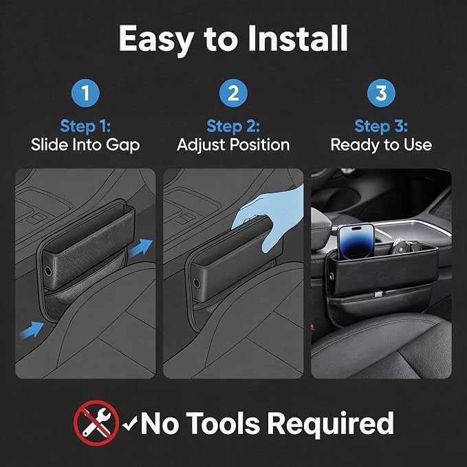 Car Seat Gap Filler Organizer, Premium Leather Seat Gap Filler Organizer, Easy Access Multi-Purpose Organizer For Car (Black, 1 Pack)