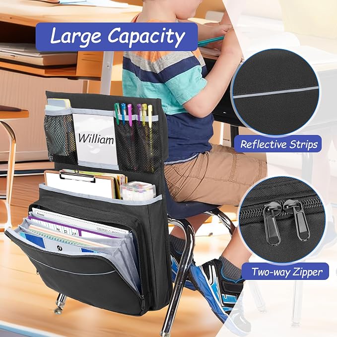 GRAOSO 15” x 20” Chair Pocket For Classroom, 1 Piece Seat Sack, Chairback Buddy Organizer Pocket for School, Kindergarten with Name Tag, Mesh Pockets, Binder Pages Storage (Black)
