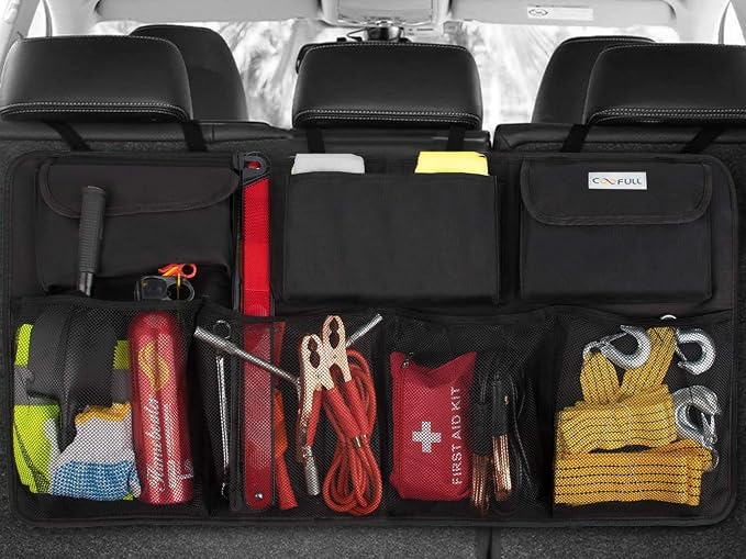 Car Trunk Organizer, Large Capacity Organizers and Storage, Equipped with 7 Durable Pockets, Hanging Trunk Organizer with Hook Side Strips, Sapce-saving Car Accessories Interior