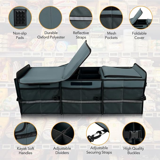 HEYTRIP Large Trunk Organizer With Built-in Leakproof Cooler Bag, 2 Tie-Down Straps, 4 Removable Dividers, Foldable Cover, Built with 2mm PE Board, Gray