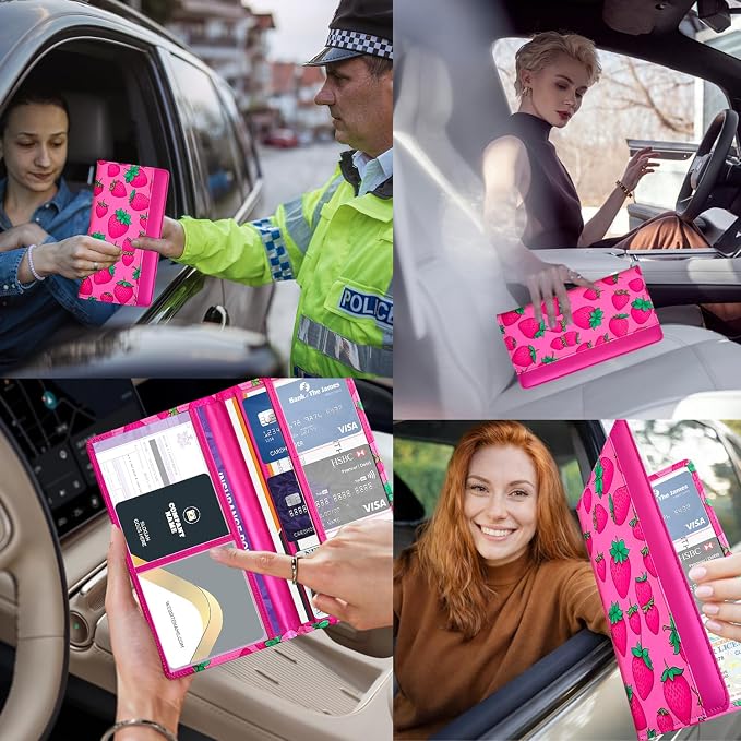 Car Registration and Insurance Holder with Magnetic Closure, Universal Document Organizer for License, Insurance Cards & Glove Box Storage (Strawberry-Hot Pink)