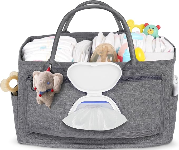 Volnamal Diaper Caddy with Wipe Dispenser One-Handed Access, Premium Diaper Organizer, Portable Car Organizer Nursery Basket for Newborn Essentials, Baby Registry Must Haves for Boys & Girls,Grey