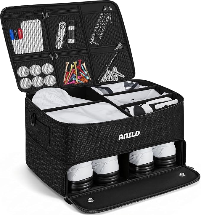 ANILD Golf Trunk Organizer, 2 Layer Golf Storage Case with Separate Ventilated Compartment for 2 Pair Shoes, for Balls, Tees, Clothes, Gloves, Accessories, Golfer Gifts