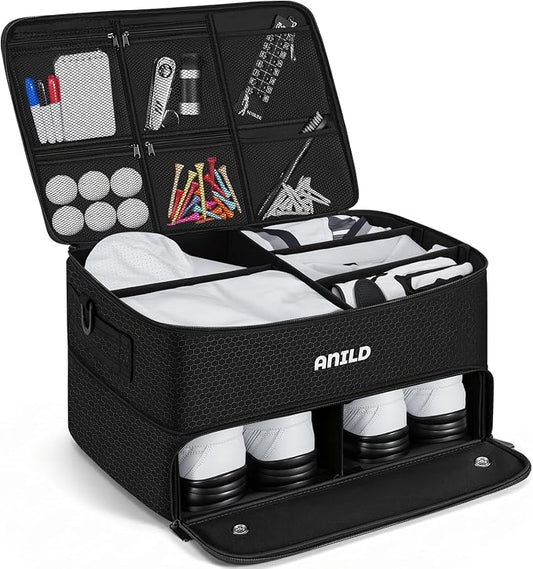 ANILD Golf Trunk Organizer, 2 Layer Golf Storage Case with Separate Ventilated Compartment for 2 Pair Shoes, for Balls, Tees, Clothes, Gloves, Accessories, Golfer Gifts