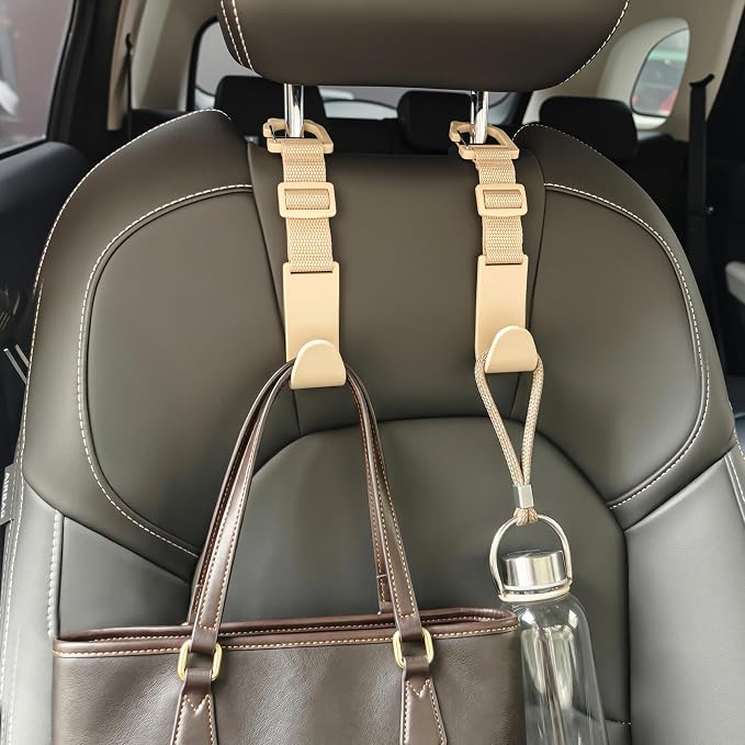 Amooca Car Headrest Hooks 4 Pack Adjustable Universal Fit Auto Seat Back Organizer Storage Hanger Purse Bags Holder with Clip Beige