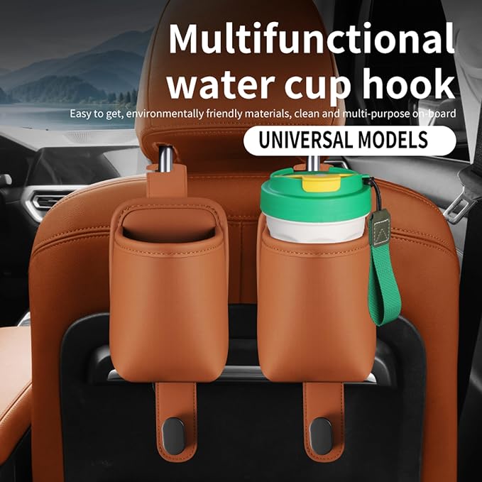 2-Pack Car Seat Back Cup Holder Organizer, Orange | Faux Leather, With Hooks, Universal Backseat Storage, For Drinks, Bottles & Travel Accessories