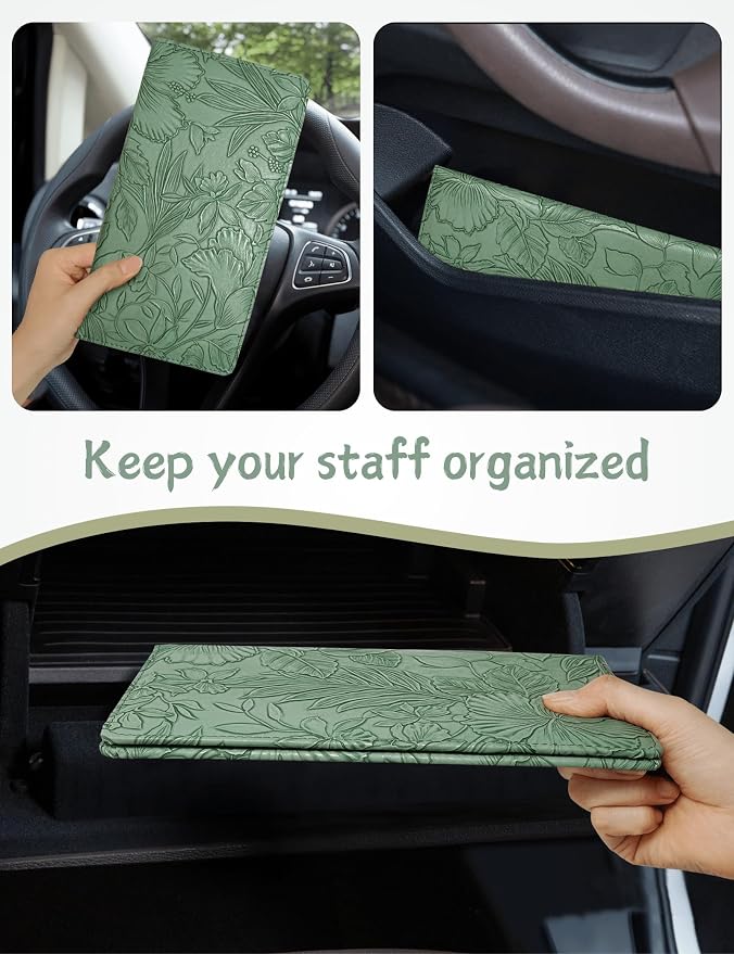 Mymazn Car Registration and Insurance Holder, PU Leather Glove Box Car Organizer with Magnetic Closure, Car Document Holder for Driver's License & Essential Documents (Floral Green)