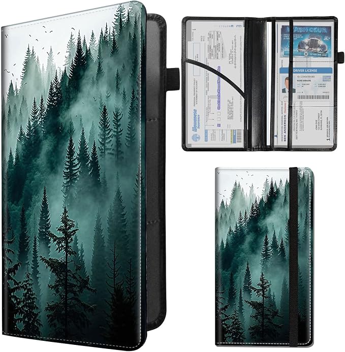 Car Registration and Insurance Holder,Leather Insurance License and Registration Card Holder for Car Glove Box, Auto Truck Document Holder Organizer for Men Women-Forest Trees in Fog