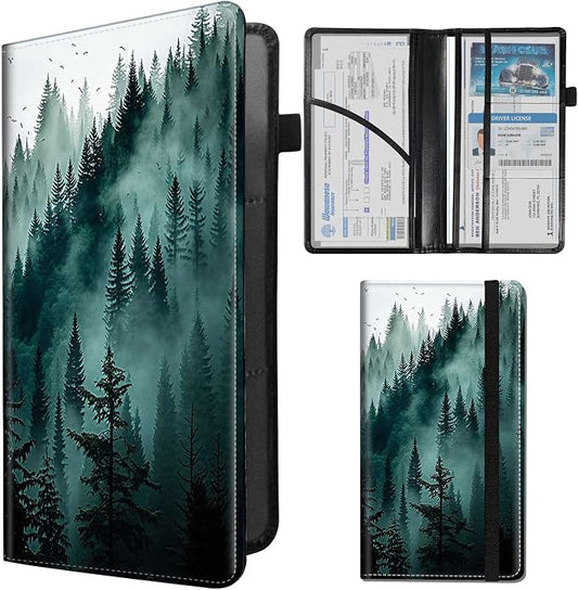 Car Registration and Insurance Holder,Leather Insurance License and Registration Card Holder for Car Glove Box, Auto Truck Document Holder Organizer for Men Women-Forest Trees in Fog