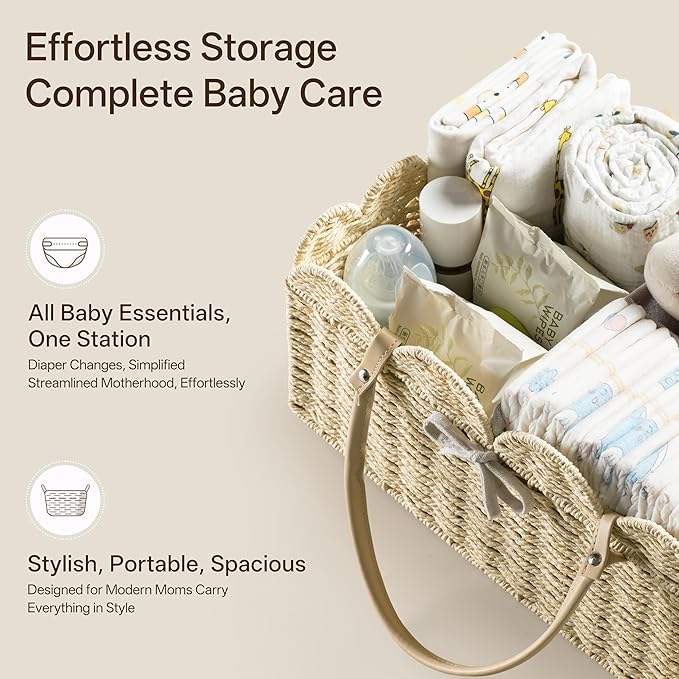 HBlife Baby Diaper Caddy, Paper Rope Storage Baskets Nursery Bin with Removable Divider, Portable Car Organizer for Diapers, Baby Shower Gifts, Newborn Essentials Must Haves