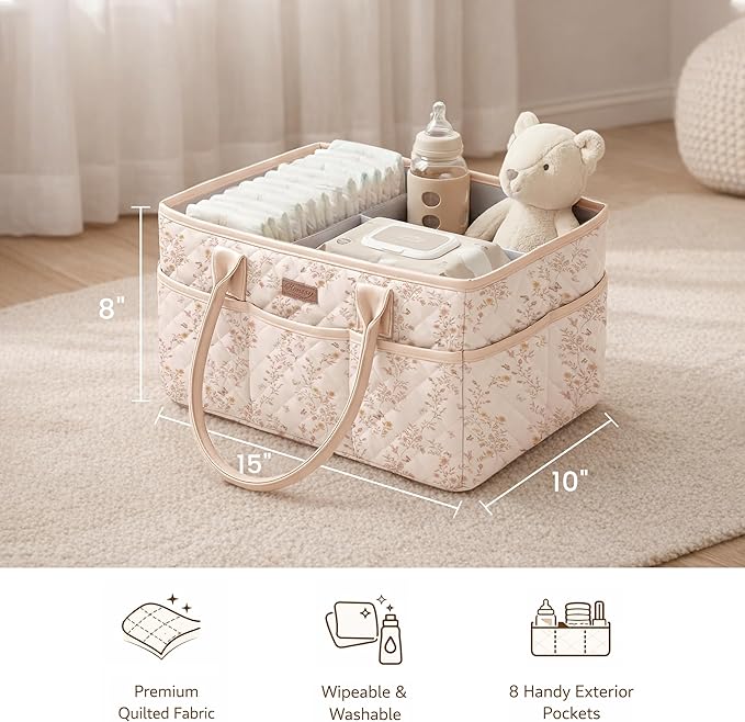 Konssy Floral Quilted Diaper Caddy Organizer, Diaper Caddy Basket with PU Leather Handles, Water-Repellent Nursery Storage Basket, Portable Car Organizer, Registry Search Must Haves (Floral)