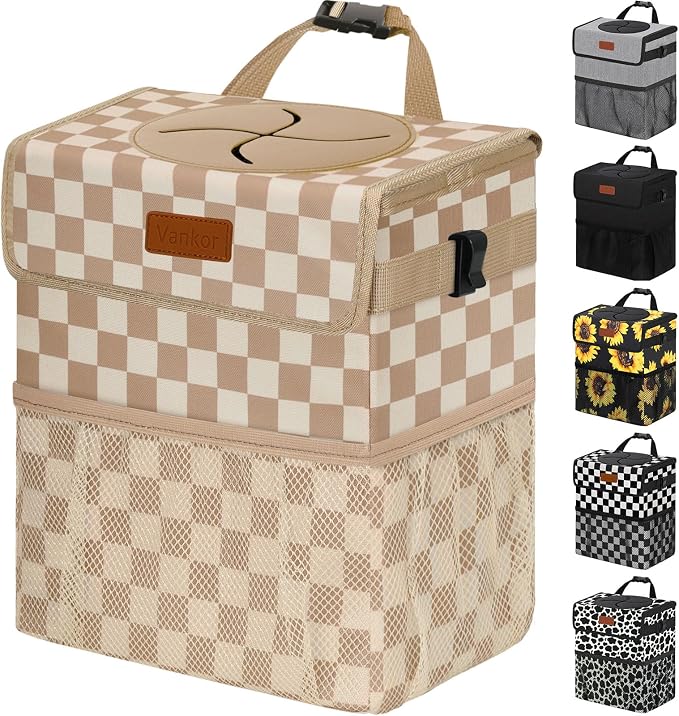 Vankor Car Trash Can Bin with Lid Hanging for Back Seat, Car Accessories for Women Men Leak Proof Automotive Garbage Cans Leakproof Vehicle Trash Can for Truck SUV,Khaki Checkered