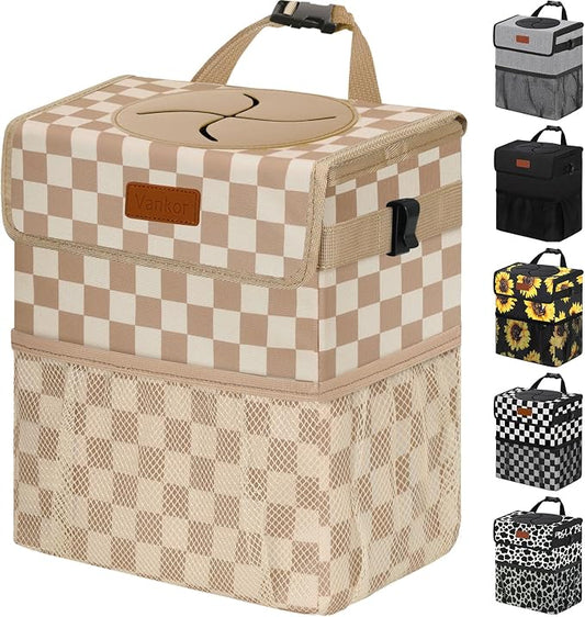 Vankor Car Trash Can Bin with Lid Hanging for Back Seat, Car Accessories for Women Men Leak Proof Automotive Garbage Cans Leakproof Vehicle Trash Can for Truck SUV,Khaki Checkered