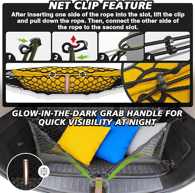 Muslogy Envelope Style Trunk Cargo Net Compatible with 2024 2025 2026 Hyundai Santa Fe Accessories Custom Fit Trunk Organizer Upgraded Storage Luggage Net with Metal Hooks