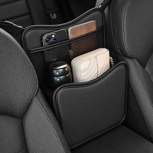 Car Organizer Storage Between Seats, Car Purse Holder, Nappa Leather Front Seat Storage Bag with Tissue Holder, Large Capacity Auto Console Organizer for Document Phone Wallet Snack (Black)